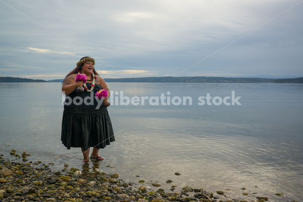 Stock Photo: Pacific Islander Woman Hula Dancing on Evening Pebbled Beach - Body Liberation Photos