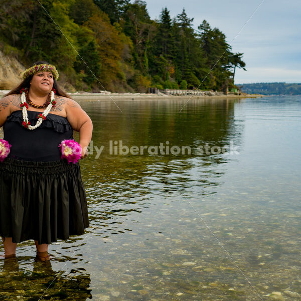 Stock Photo: Pacific Islander Woman Hula Dancing on Evening Pebbled Beach - Body Liberation Photos