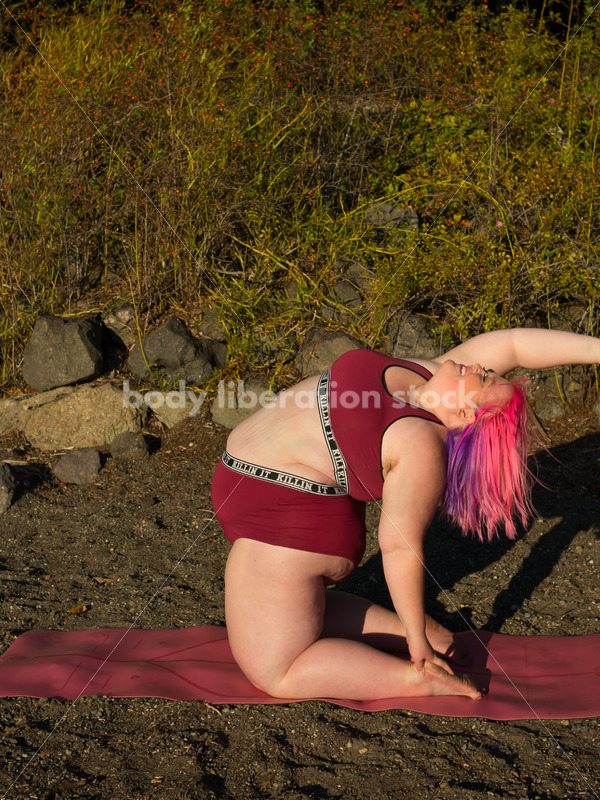Stock Photo: Plus Size Woman Practices Yoga on Mountain Lake Shore - Body positive stock and client photography + more | Seattle