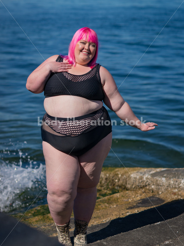 Stock Photo: Plus Size Woman with Pink Hair in Bikini near Water - Body Liberation Photos