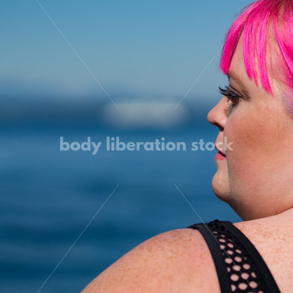 Stock Photo: Plus Size Woman with Pink Hair in Bikini near Water - Body Liberation Photos