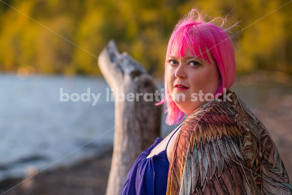 Stock Photo: Plus Size Woman with Positive Body Image on Sunset Lake Shore - Body Liberation Photos