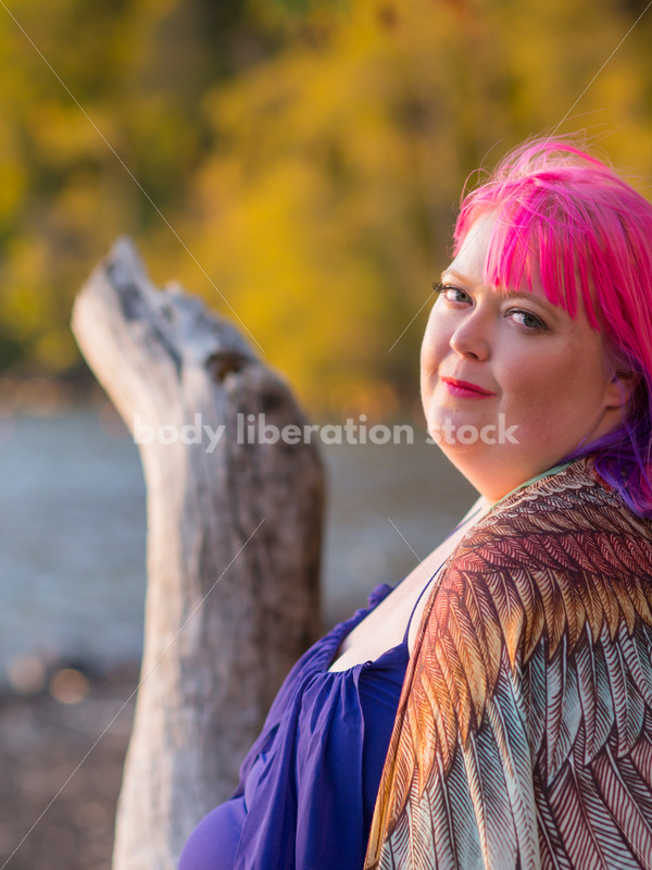 Stock Photo: Plus Size Woman with Positive Body Image on Sunset Lake Shore - Body Liberation Photos