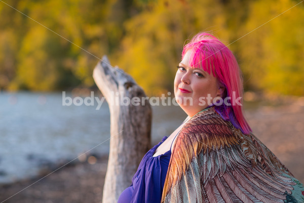 Stock Photo: Plus Size Woman with Positive Body Image on Sunset Lake Shore - Body Liberation Photos