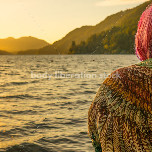 Stock Photo: Plus Size Woman with Scarf on Sunset Lake Shore - Body Liberation Photos