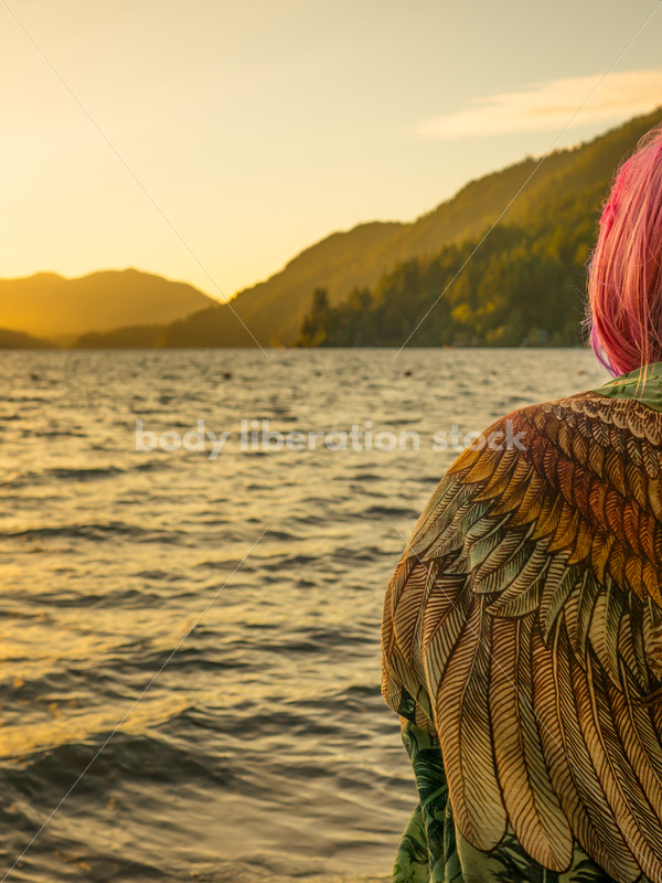 Stock Photo: Plus Size Woman with Scarf on Sunset Lake Shore - Body Liberation Photos