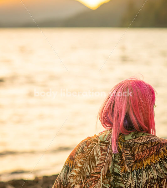 Stock Photo: Plus Size Woman with Scarf on Sunset Lake Shore - Body Liberation Photos