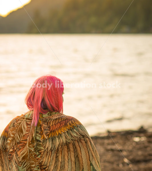 Stock Photo: Plus Size Woman with Scarf on Sunset Lake Shore - Body Liberation Photos