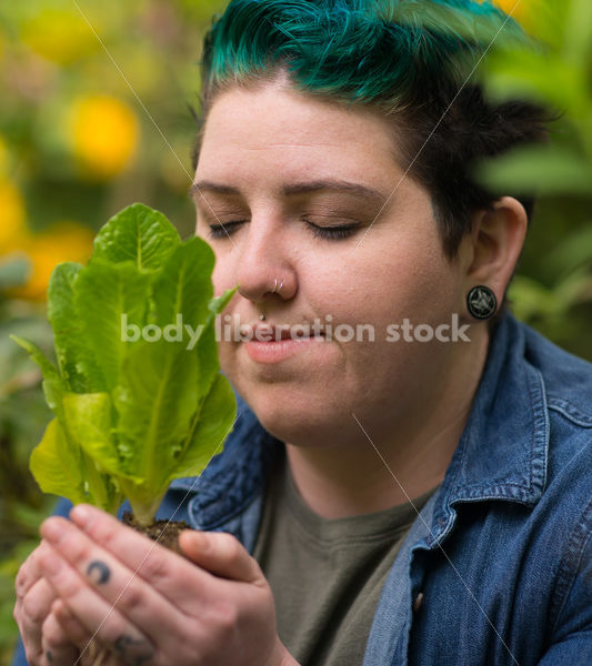 Diverse Gardening Stock Photo: Agender Person Meditates in Garden - Body Liberation Photos