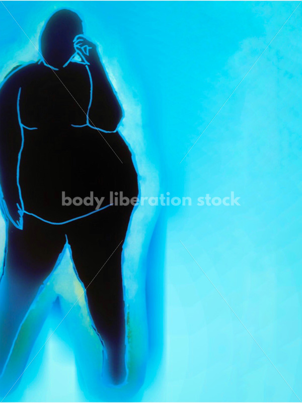 Kathryn Hack digital art of woman leaning, one hand on forehead black, teal background - Body Liberation Photos