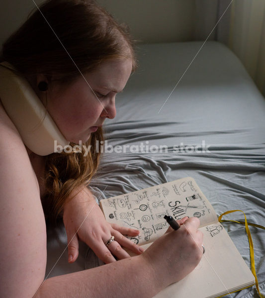 Self Care Stock Photo: Plus-Size Woman Writing and Journaling in Bed - Body Liberation Photos