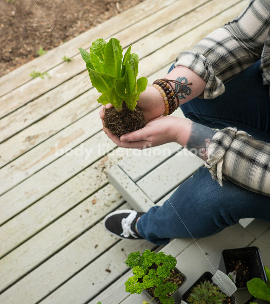 Stock Photo: Agender Person Holding Plant while Gardening - Body Liberation Photos