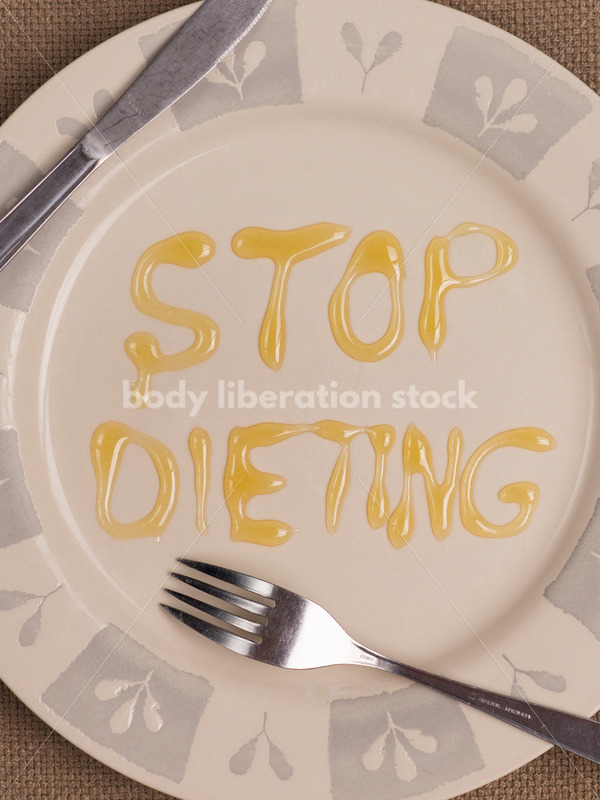 Stock Photo: Diet Recovery Concept STOP DIETING Spelled Out on Plate - Body Liberation Photos