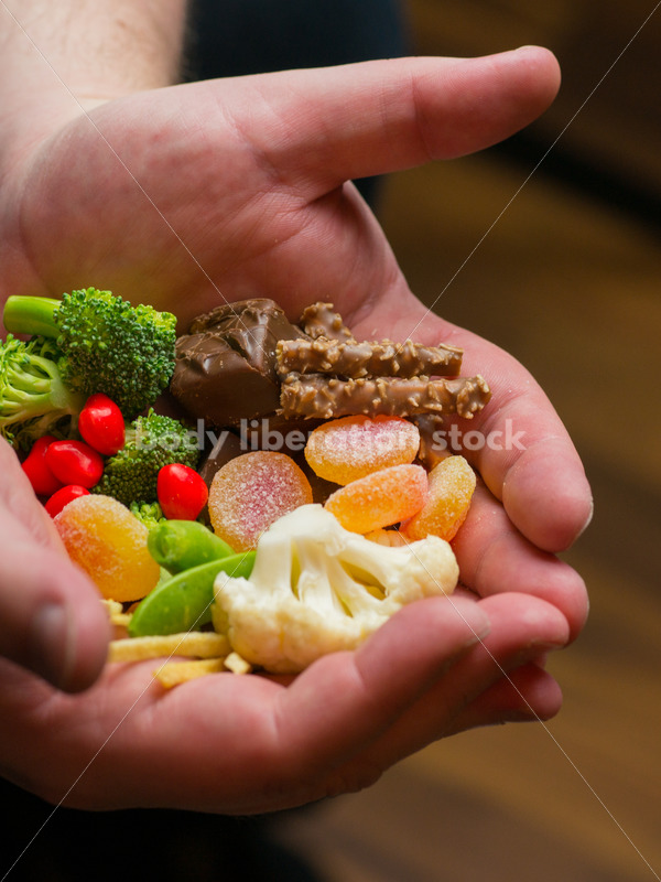 Stock Photo: Dieting Recovery Concept Man’s Hands Full of Food - Body Liberation Photos