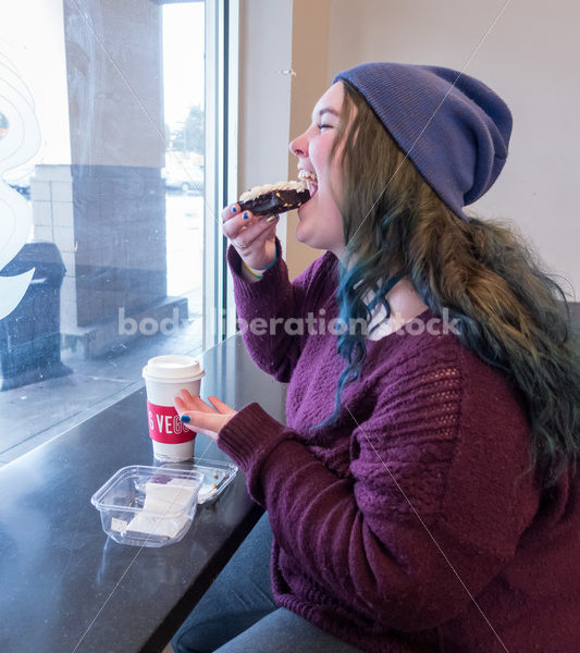 Young caucasian women enjoys coffee and a brownie - Body Liberation Photos