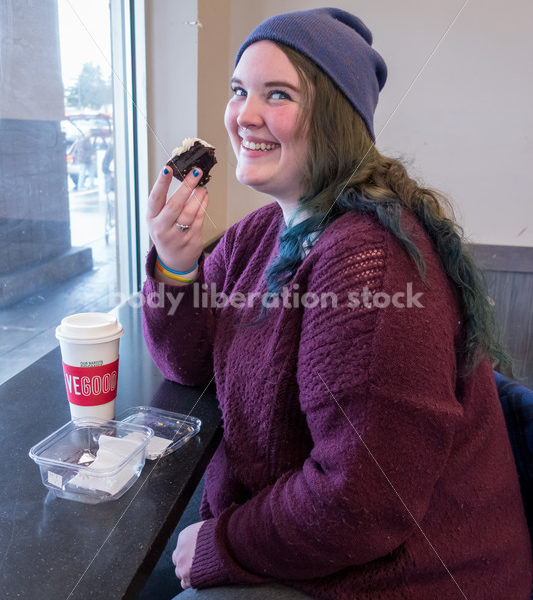 Young caucasian women enjoys coffee and a brownie - Body Liberation Photos