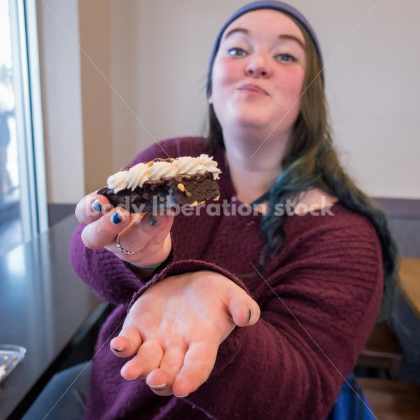 Young caucasian women enjoys coffee and a brownie - Body Liberation Photos