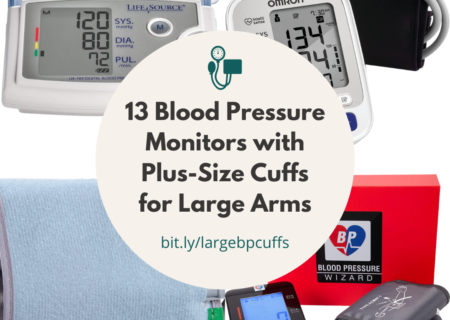 Four extra-large blood pressure monitors and cuffs are shown behind a circle with the title of this article.