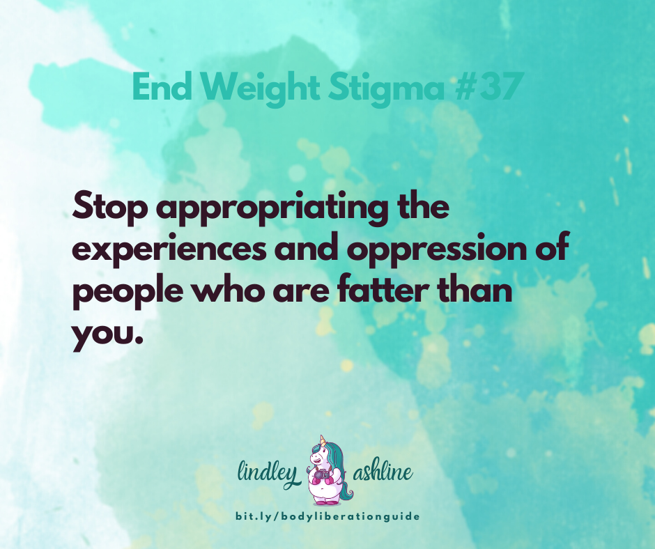 Image description: An abstract light blue watercolor background with the words, "Stop appropriating the experiences and oppression of people who are fatter than you." Lindley's logo is at the bottom.