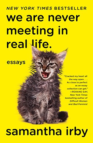 Image description: A wet kitten hisses at the camera on a yellow background; Black text reads "We Are Never Meeting in Real Life.: Essays"