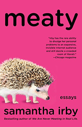 Image description: An angry looking hedgehog glares to the right on a pink background; black text reads "Meaty: Essays"
