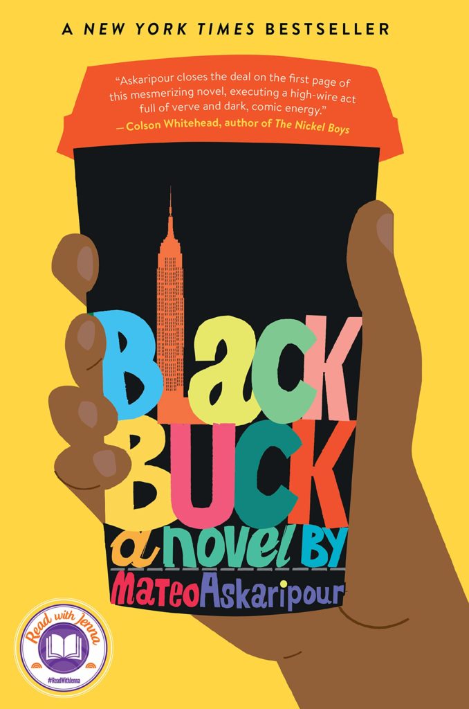 Image description: An illustration of a black hand holding a black coffee cup with colorful writing of the words "Black Buck a novel by Mateo Askaripour" on it. 