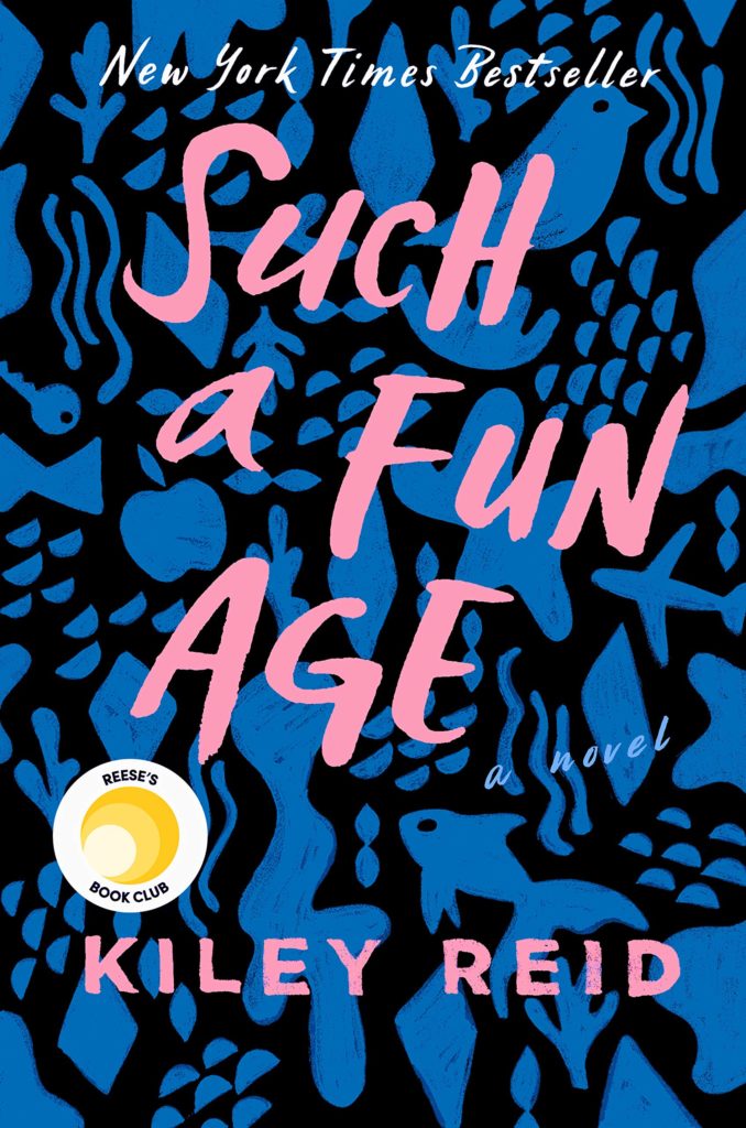 Image description: A black background with blue shapes like fish, keys, birds, apples, and a plane. Pink writing on top reads "Such a Fun Age."