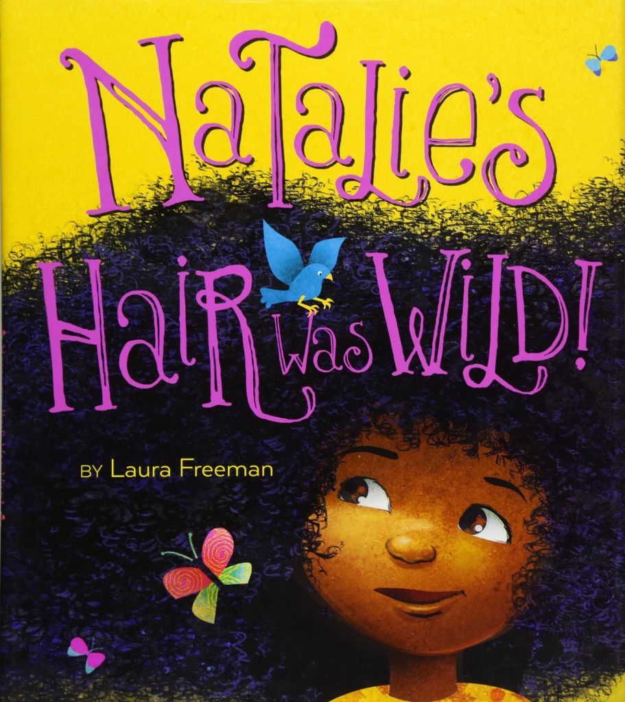 Image description: An illustrated picture of a young black girl who is looking up at her big curly hair.