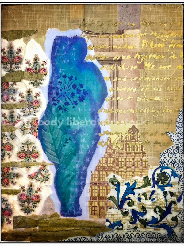Kathryn Hack Blue/Gold mixed media collage, woman standing arm raised behind head