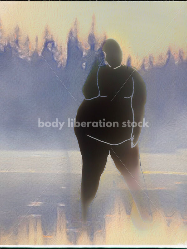 Kathryn Hack digital art of woman leaning, one hand on forehead black, lake/forrest