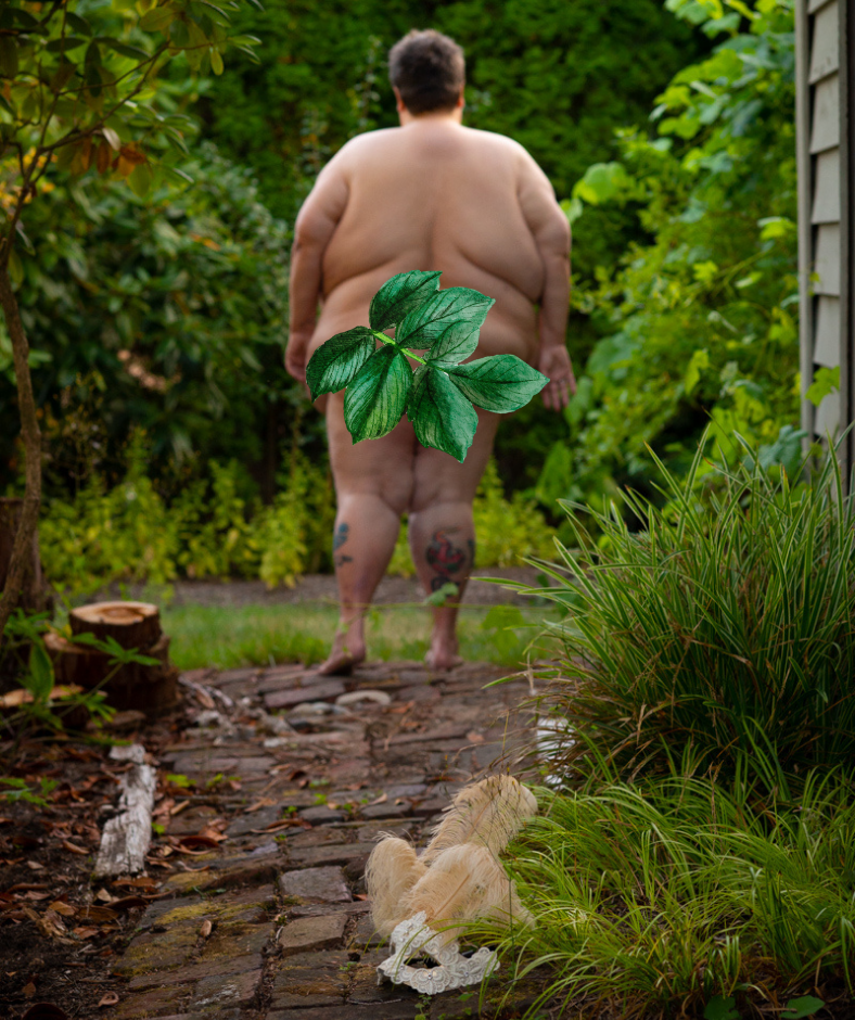 Image description: A nude fat woman with pale skin walks away down a garden path, a festival mask left discarded behind her.