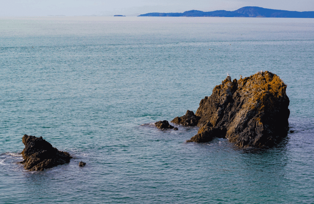 Water washes around big brown sea stack boulders.