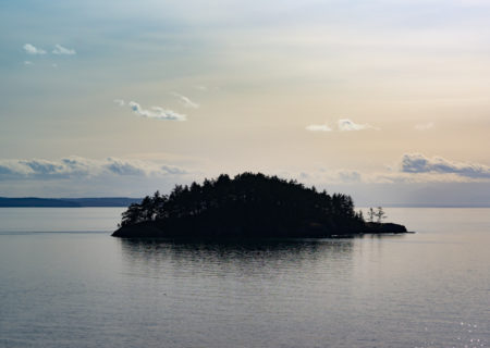 A low, tree-covered island is silhouetted against a bright sky and calm water.