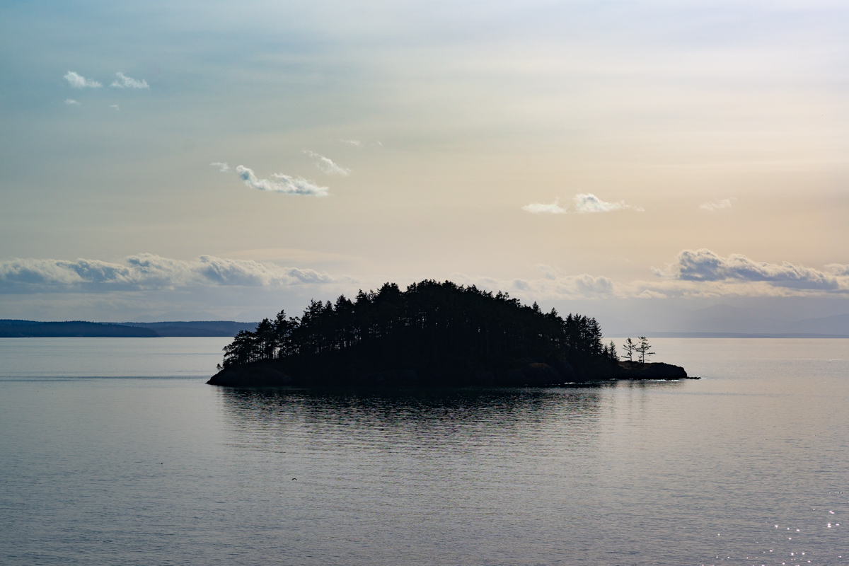 A low, tree-covered island is silhouetted against a bright sky and calm water.