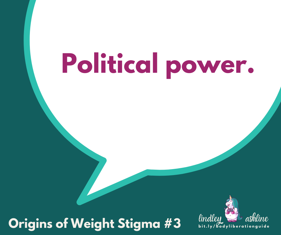 A teal square on the origins of fatphobia and weight stigma with a chat bubble graphic and the words "Political power." Lindley's logo is at the bottom.