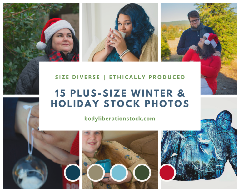 A collection of photos of larger-bodied people with the text 15 Plus-Size Winter & Holiday Stock Photos.