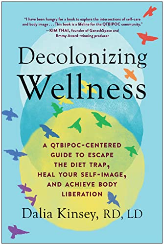 Image description: Pale blue, medium blue, and yellow circles overlapping on a light blue background with rainbow colored birds shown flying across; The text reads "Decolonizing Wellness: A QTBIPOC-Centered Guide to Escape the Diet Trap, Heal Your Self-Image, and Achieve Body Liberation"