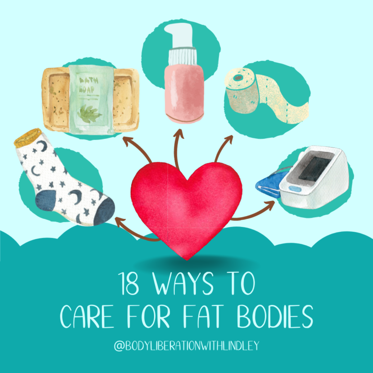 A series of blue circles around a heart shape show a variety of products for caring for fat and superfat bodies.