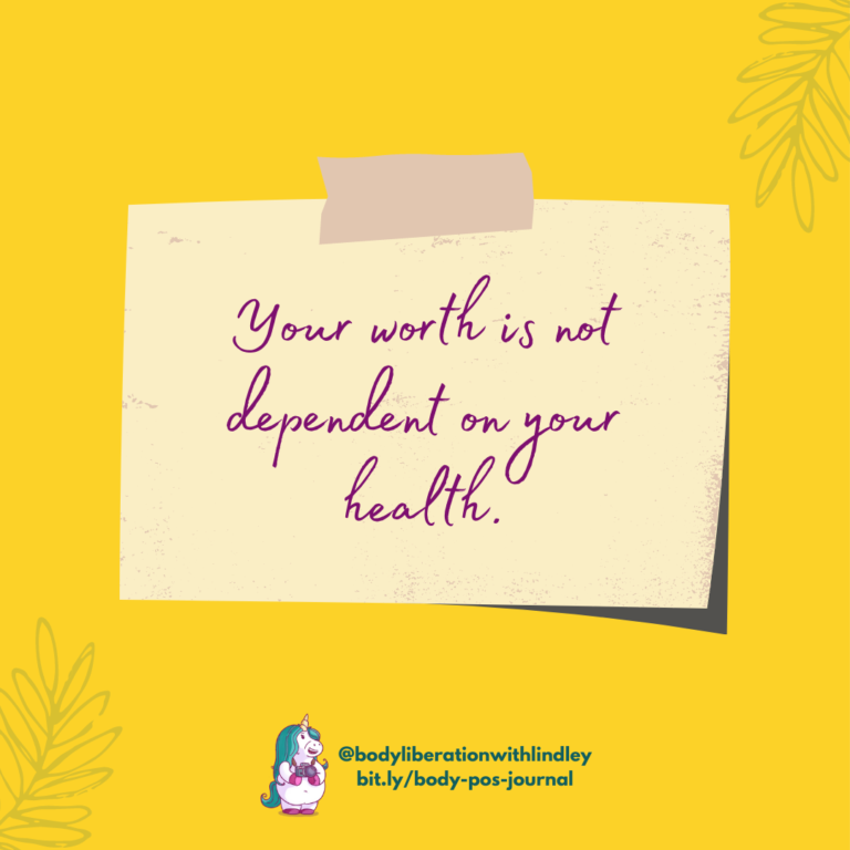 A yellow square with a post-it note design and the text "Your worth is not dependent on your health." Lindley's logo is at the bottom.