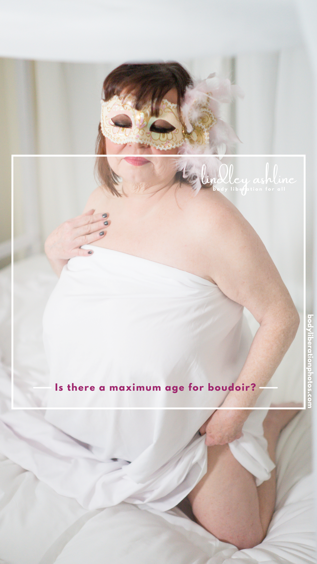 An older woman in a body positive boudoir shoot with Lindley Ashline in Seattle, WA. She's wearing a white sheet and a fancy carnival mask.