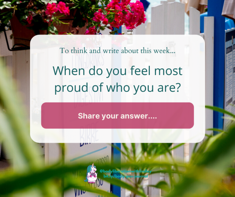 A photo of a cafe sign on a white and blue fence with pink flowers, with a graphic box containing the journaling prompt. Lindley's logo is at the bottom.