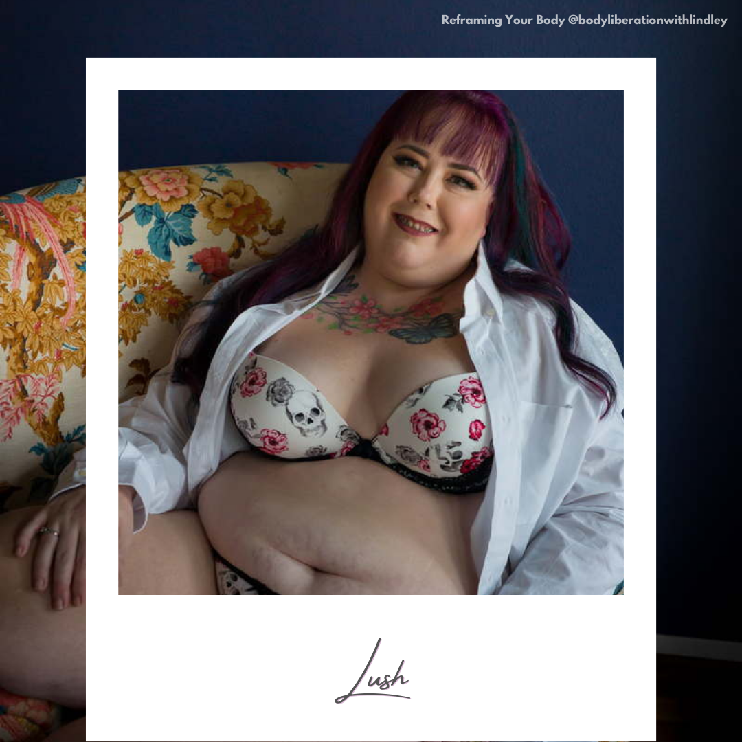 A photo of a fat white woman sitting in a chair in bra, panties and open button-down shirt, with a faux polaroid frame on top and today's word written on the frame.