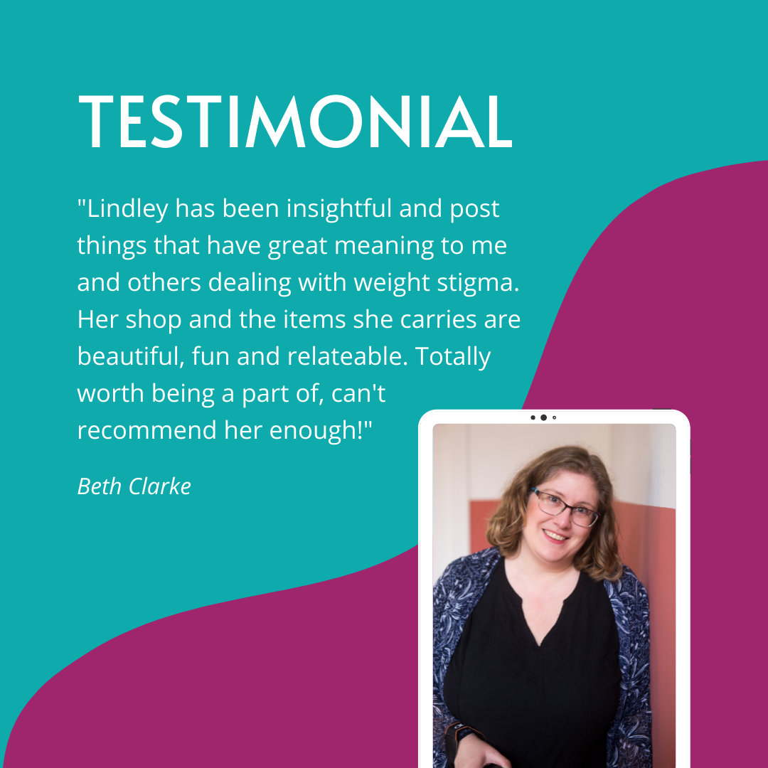 A teal and magenta background with the text of a testimonial. In one corner is a cellphone graphic with a photo of Lindley, a fat white woman with glasses and black and blue layered tops, leaning against a salmon and white wall.