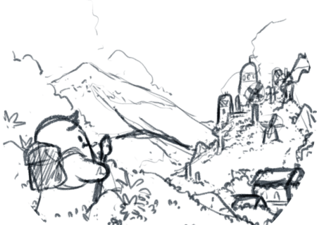 A blobby creature holding a staff and wearing a backpack stands on a hilltop on one side of the image, looking out over a valley and fantasy town full of rounded towers on a mountainside across the valley.