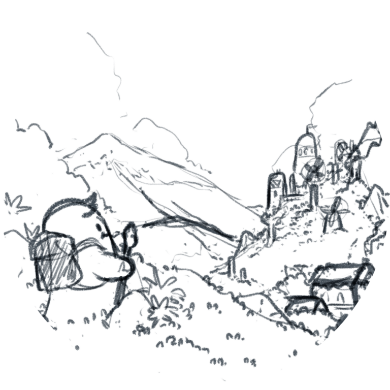 A blobby creature holding a staff and wearing a backpack stands on a hilltop on one side of the image, looking out over a valley and fantasy town full of rounded towers on a mountainside across the valley.