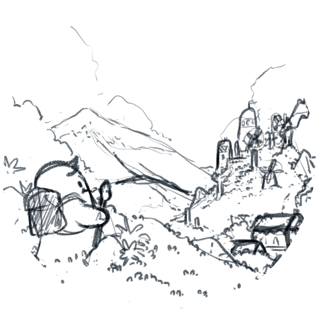 A blobby creature holding a staff and wearing a backpack stands on a hilltop on one side of the image, looking out over a valley and fantasy town full of rounded towers on a mountainside across the valley.