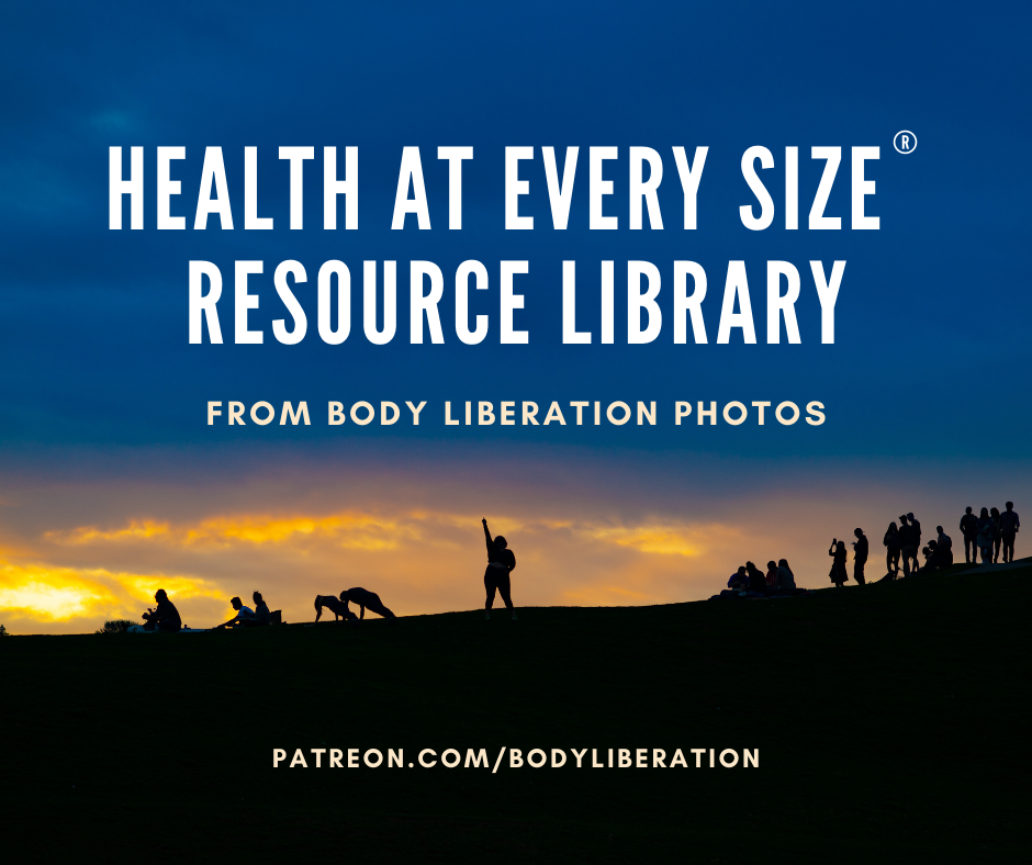 A photo of silhouetted people against an orange and blue sunset on a hillside. A fat person with one arm thrust into the air is in the center. Text overlaid on top reads, Health at Every Size® Resource Library from Body Liberation Photos.