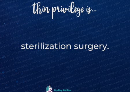 A dark blue background with this text faintly overlaid: "having privileges is not your fault - it does not make you a bad person - it is your responsibility to extend those privileges to everyone who lacks them." Layered on this is the text "thin privilege is...sterilization surgery" plus Lindley's logo.