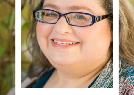 A headshot of a fat white woman at a body-positive portrait session in Seattle, WA with glasses smiling at the camera outdoors. A faux polaroid frame is on top with today's word written on the frame.