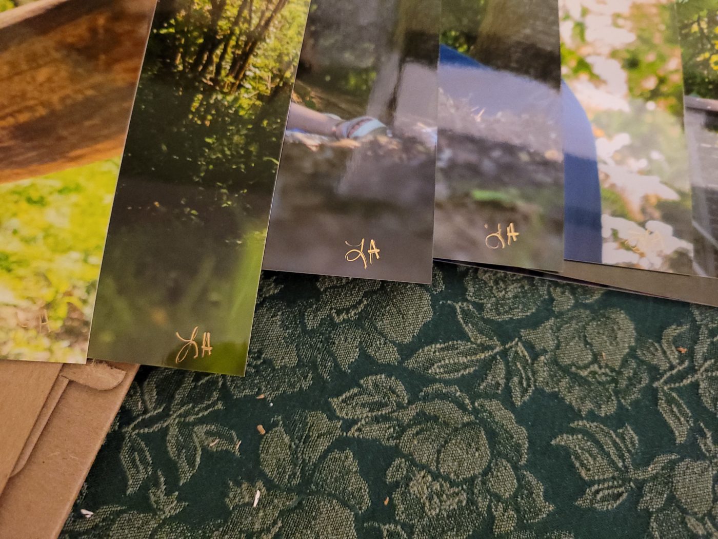 A close-up photo of a green tablecloth and the corners of five photographic prints from a Seattle body liberation family portrait session. The prints have the initials LA on them in gold pen.
